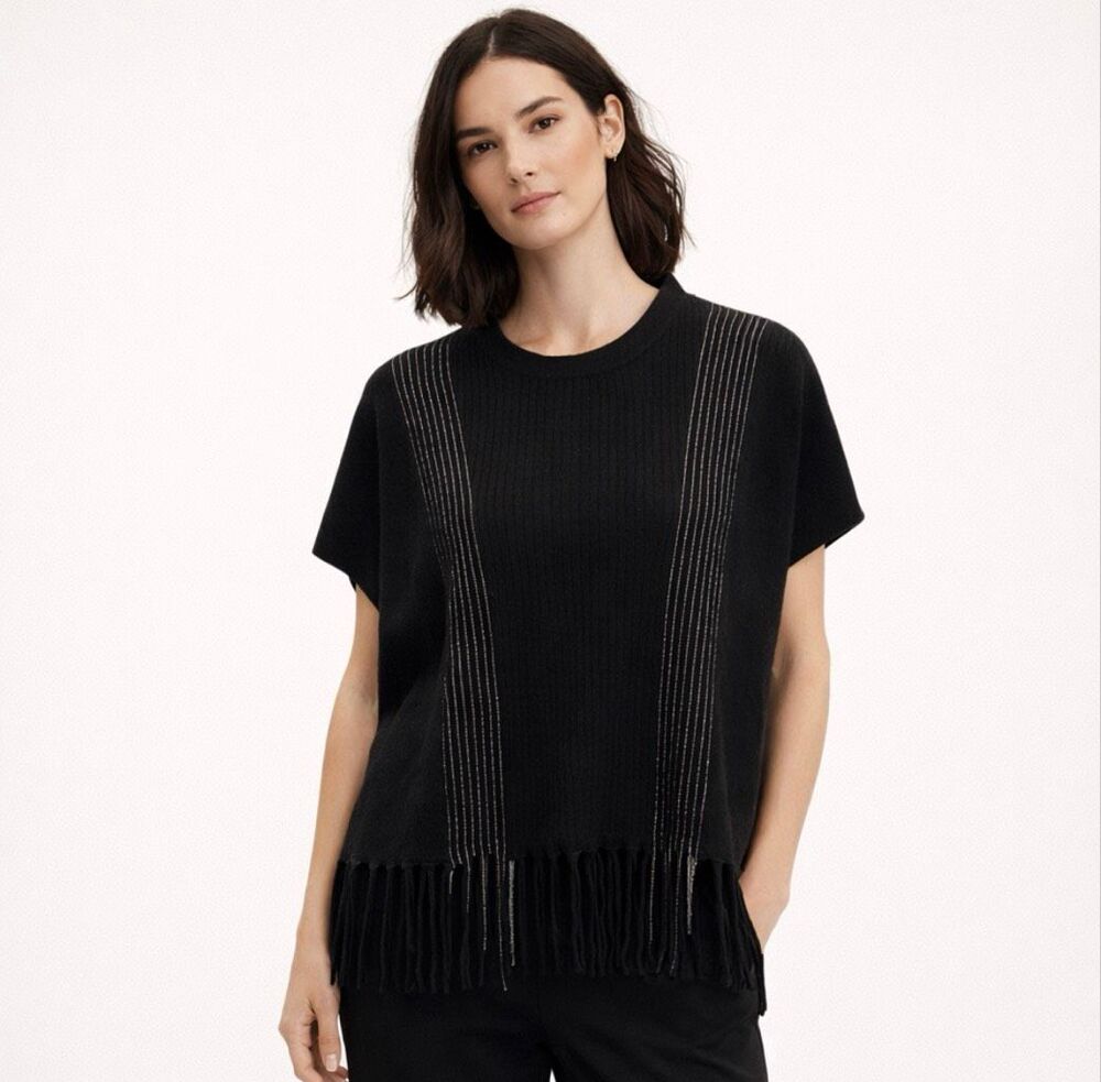 SOH Cashmere Merino Wool Fringe Poncho Sweater Black Metallic S
